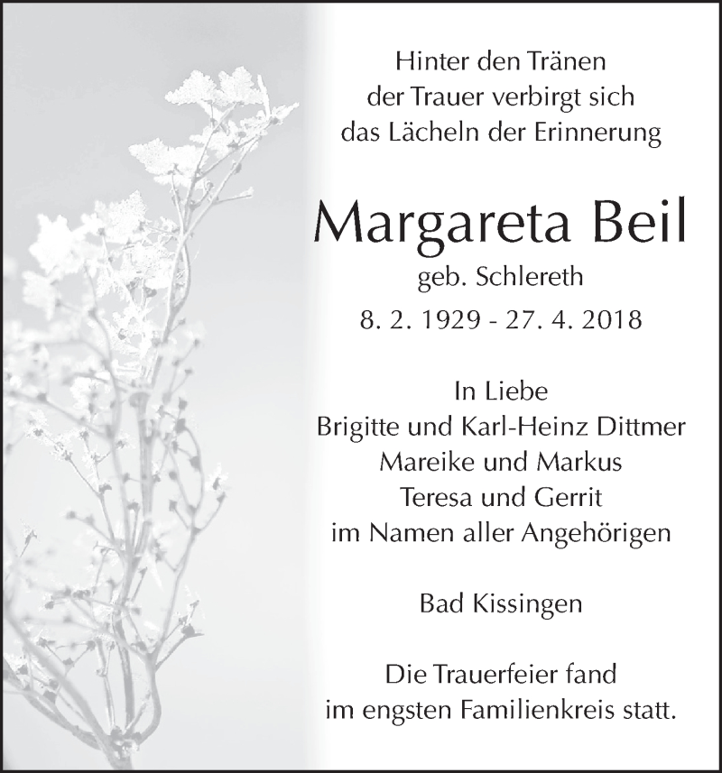  Traueranzeige für Margareta Beil vom 12.05.2018 aus MGO