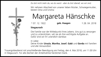 Anzeige von Margareta Hänschke von MGO