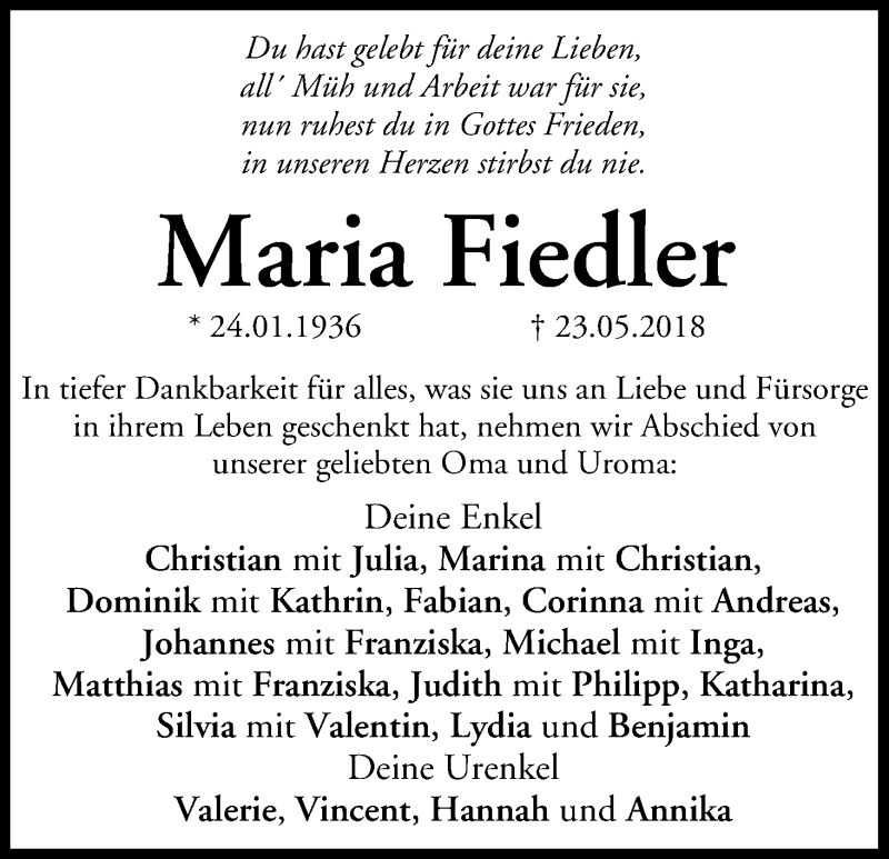  Traueranzeige für Maria Fiedler vom 26.05.2018 aus MGO