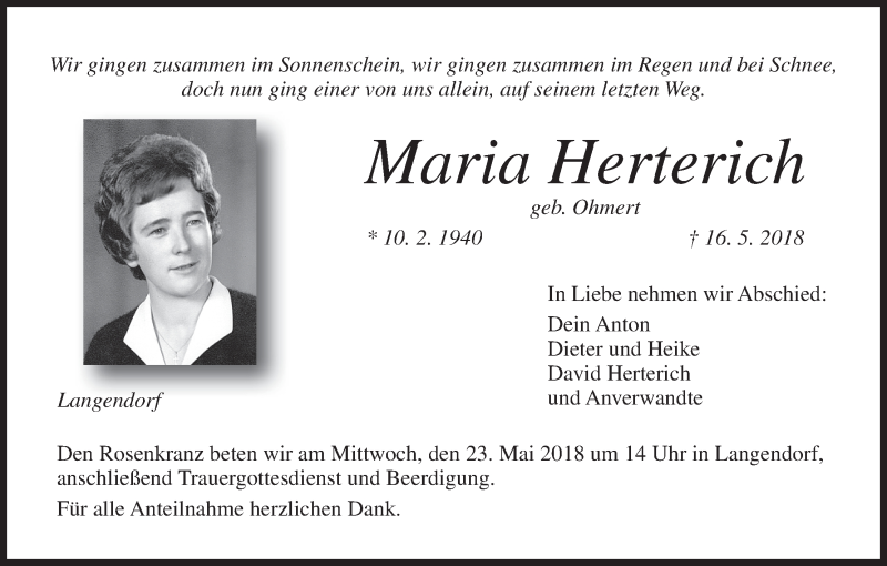  Traueranzeige für Maria Herterich vom 19.05.2018 aus MGO