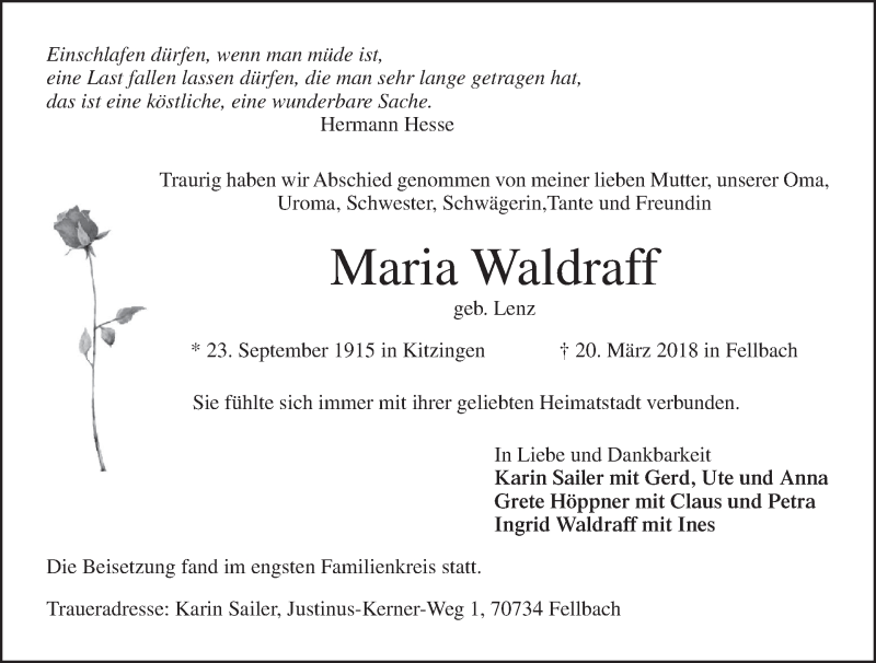  Traueranzeige für Maria Waldraff vom 05.05.2018 aus MGO