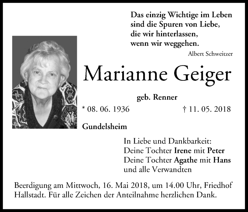  Traueranzeige für Marianne Geiger vom 14.05.2018 aus MGO