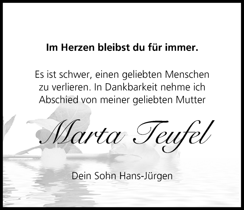  Traueranzeige für Marta Teufel vom 12.05.2018 aus MGO