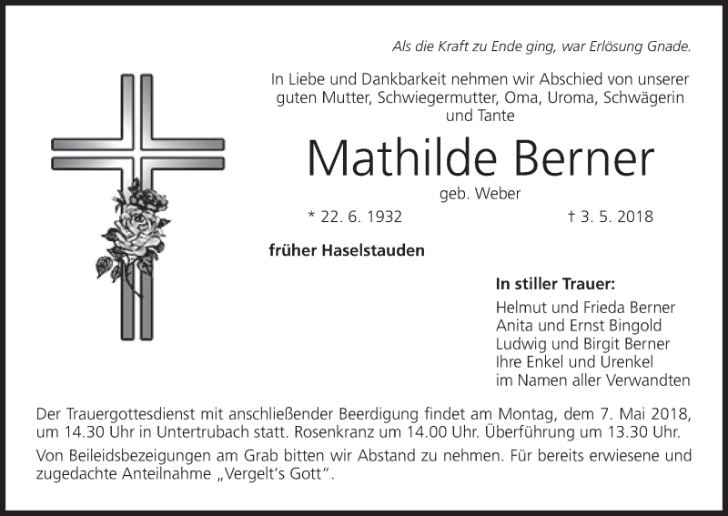  Traueranzeige für Mathilde Berner vom 05.05.2018 aus MGO