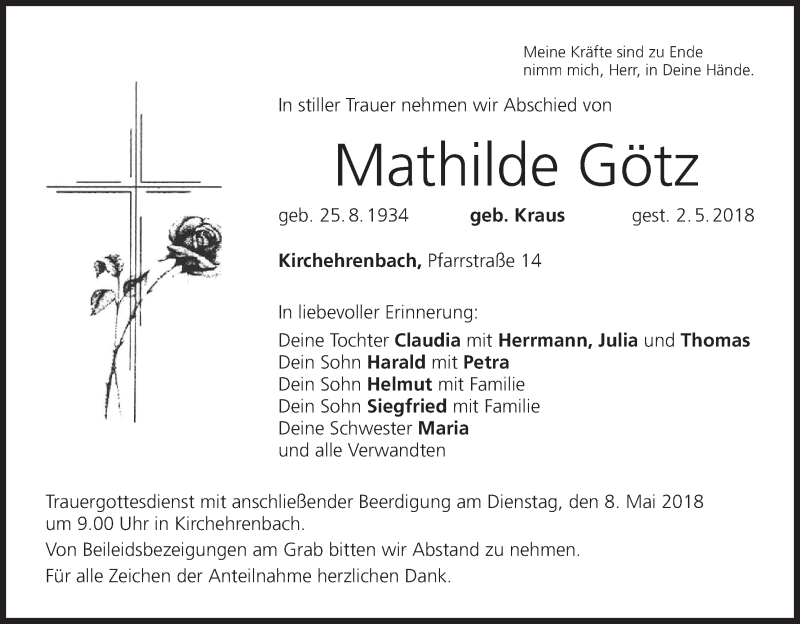 Traueranzeige für Mathilde Götz vom 05.05.2018 aus MGO