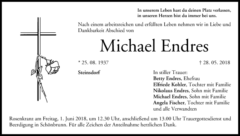  Traueranzeige für Michael Endres vom 30.05.2018 aus MGO