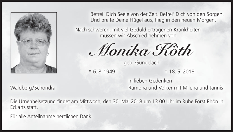  Traueranzeige für Monika Köth vom 26.05.2018 aus MGO