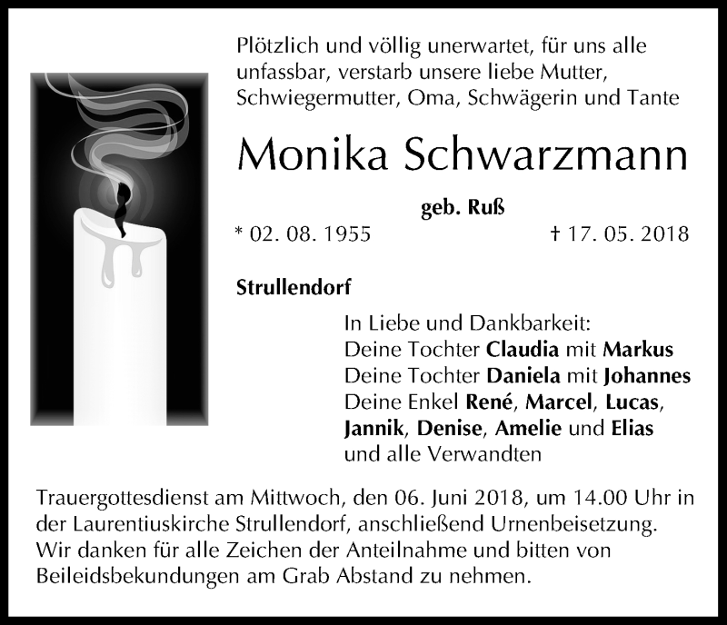  Traueranzeige für Monika Schwarzmann vom 26.05.2018 aus MGO