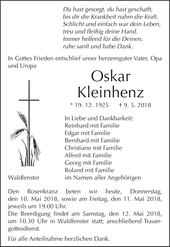  Traueranzeige für Oskar Kleinhenz vom 10.05.2018 aus MGO