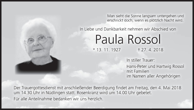  Traueranzeige für Paula Rossol vom 01.05.2018 aus MGO