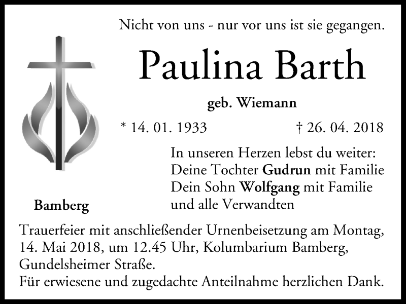  Traueranzeige für Paulina Barth vom 05.05.2018 aus MGO