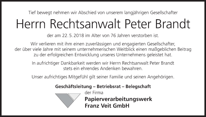  Traueranzeige für Peter Brandt vom 26.05.2018 aus MGO