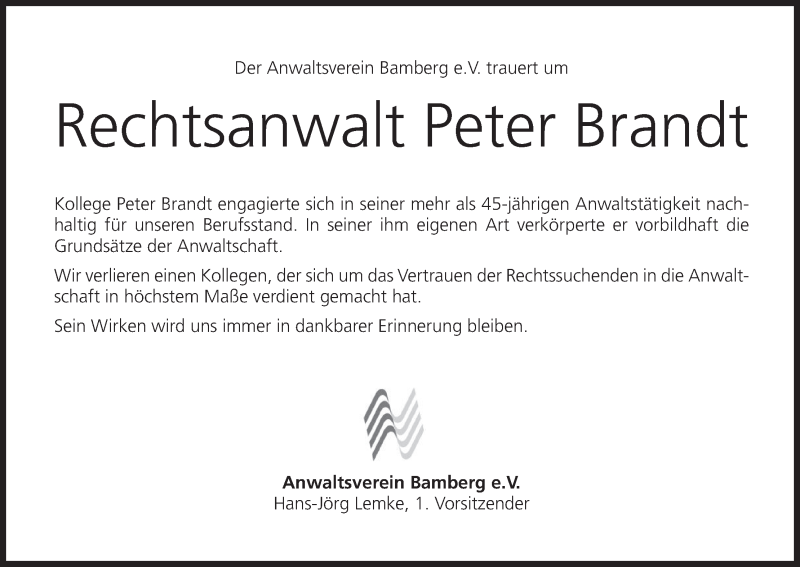  Traueranzeige für Peter Brandt vom 29.05.2018 aus MGO