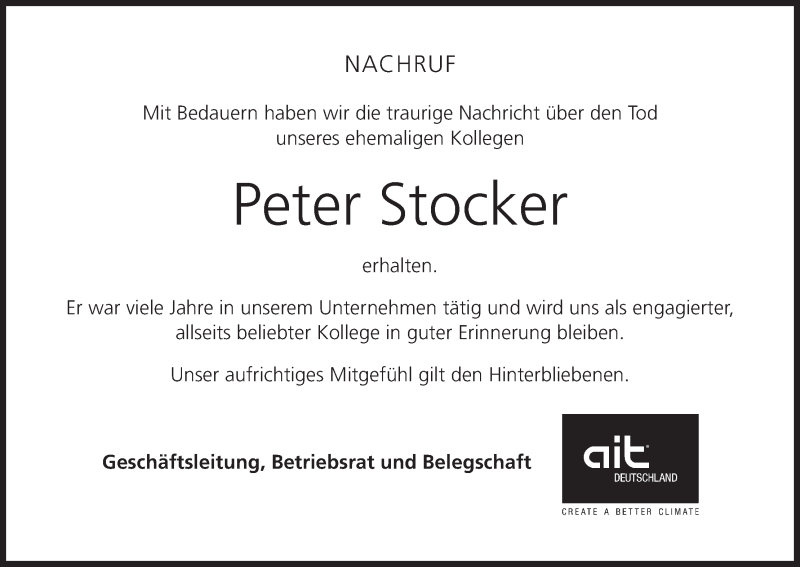  Traueranzeige für Peter Stocker vom 17.05.2018 aus MGO