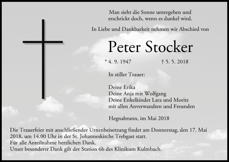  Traueranzeige für Peter Stocker vom 15.05.2018 aus MGO