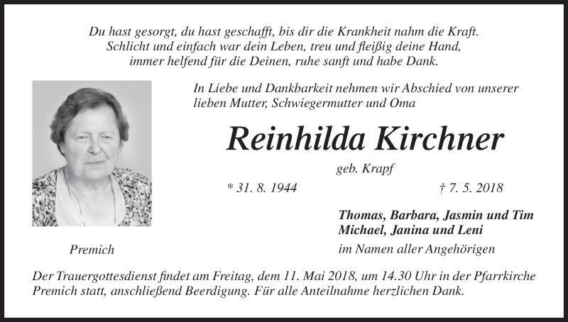  Traueranzeige für Reinhilda Kirchner vom 10.05.2018 aus MGO