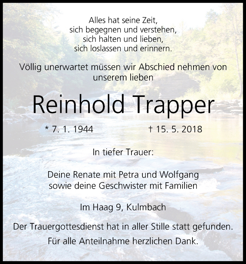  Traueranzeige für Reinhold Trapper vom 19.05.2018 aus MGO