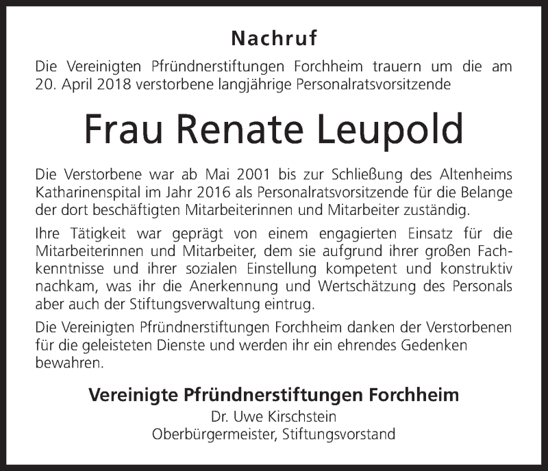  Traueranzeige für Renate Leupold vom 09.05.2018 aus MGO