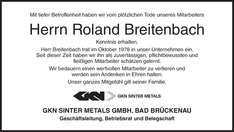  Traueranzeige für Roland Breitenbach vom 15.05.2018 aus MGO