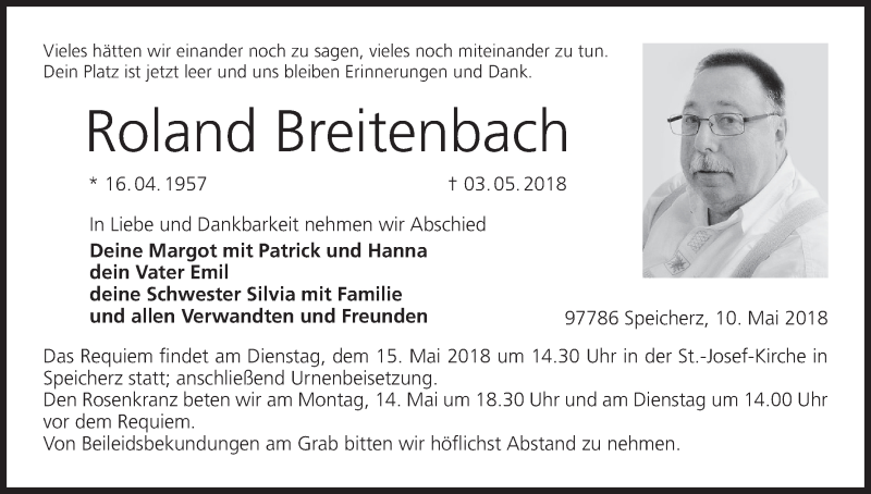  Traueranzeige für Roland Breitenbach vom 10.05.2018 aus MGO
