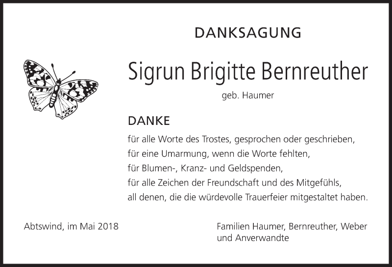  Traueranzeige für Sigrun Brigitte Bernreuther vom 17.05.2018 aus MGO