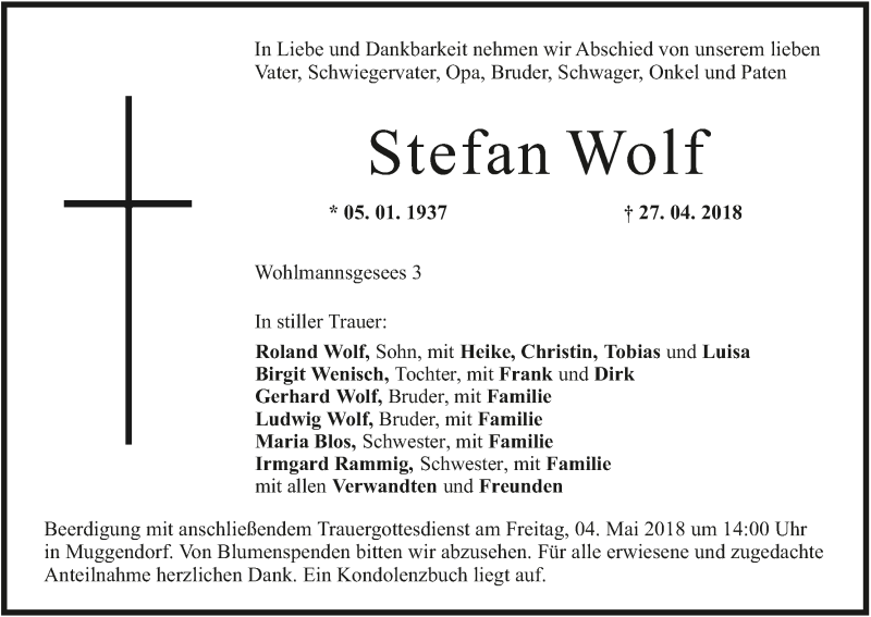  Traueranzeige für Stefan Wolf vom 01.05.2018 aus MGO