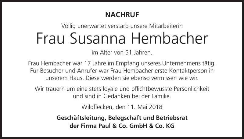  Traueranzeige für Susanna Hembacher vom 15.05.2018 aus MGO