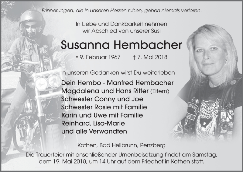  Traueranzeige für Susanna Hembacher vom 17.05.2018 aus MGO