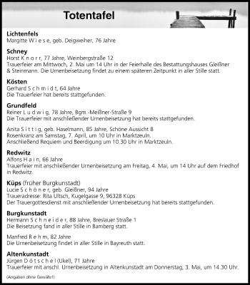Anzeige von Totentafel vom 01.05.2018 von MGO