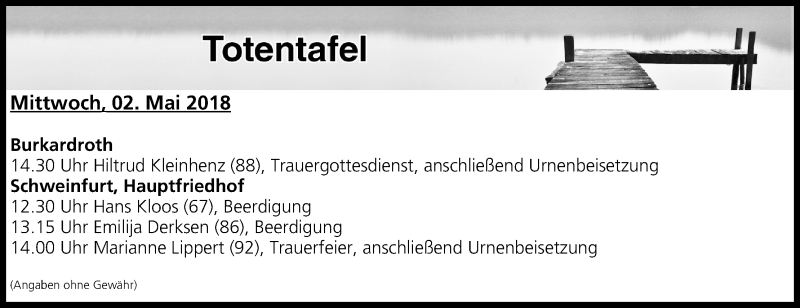  Traueranzeige für Totentafel vom 01.05.2018 vom 01.05.2018 aus MGO