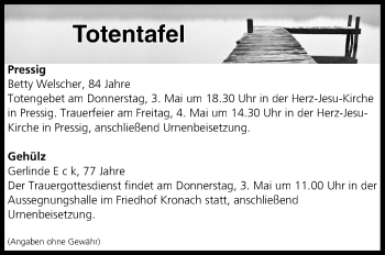 Anzeige von Totentafel vom 01.05.2018 von MGO