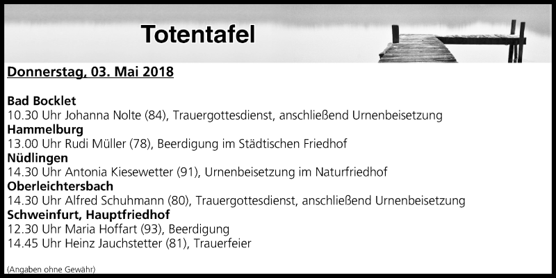  Traueranzeige für Totentafel vom 03.05.2018 vom 03.05.2018 aus MGO