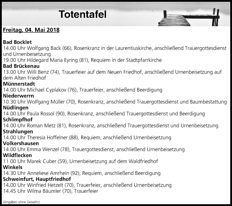  Traueranzeige für Totentafel vom 04.05.2018 vom 04.05.2018 aus MGO
