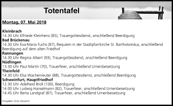Anzeige von Totentafel vom 07.05.2018 von MGO