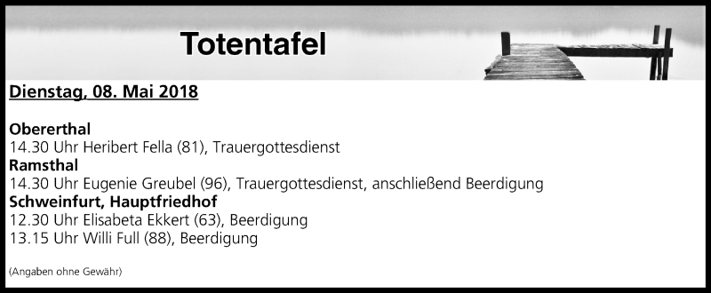  Traueranzeige für Totentafel vom 08.05.2018 vom 08.05.2018 aus MGO