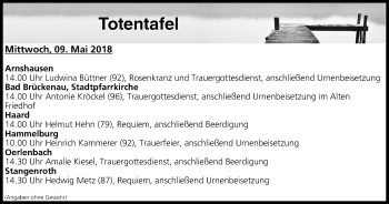 Anzeige von Totentafel vom 09.05.2018 von MGO