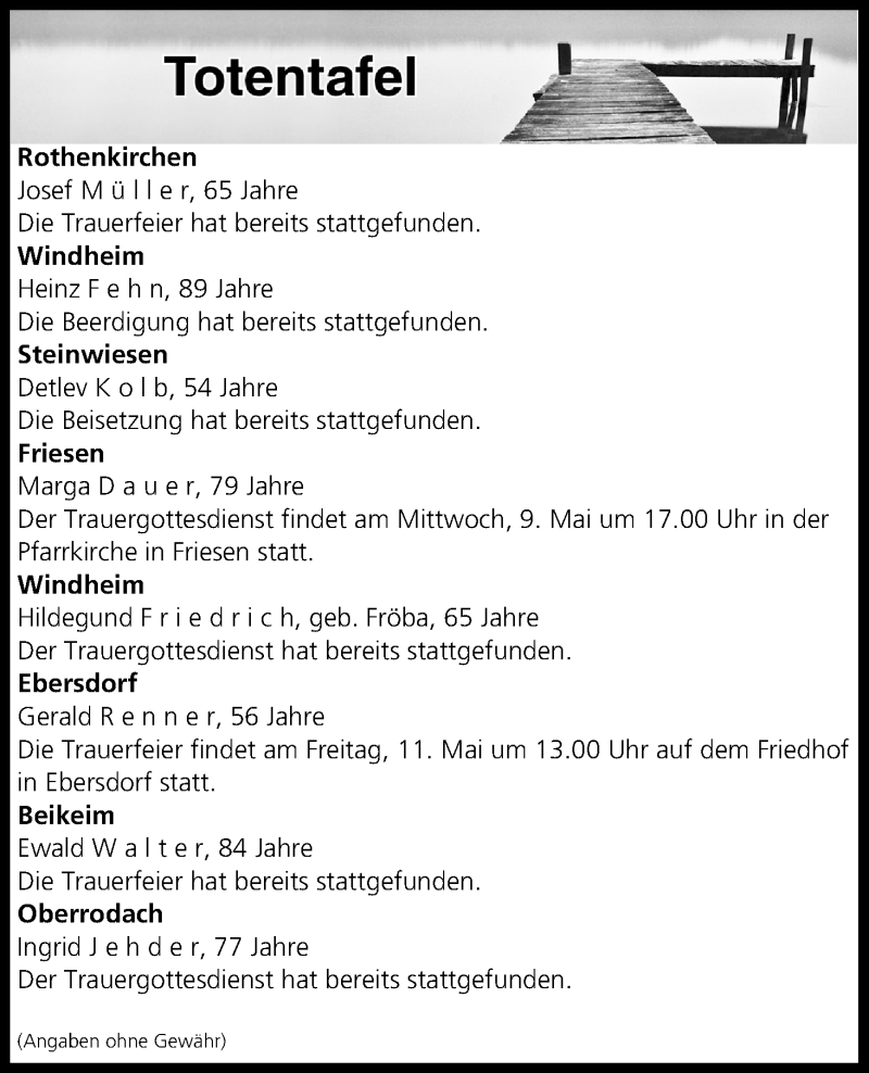  Traueranzeige für Totentafel vom 09.05.2018 vom 09.05.2018 aus MGO