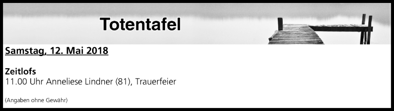  Traueranzeige für Totentafel vom 12.05.2018 vom 12.05.2018 aus MGO