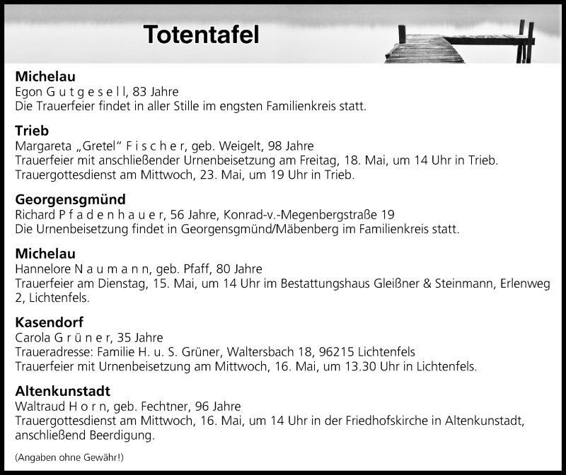  Traueranzeige für Totentafel vom 15.05.2018 vom 15.05.2018 aus MGO
