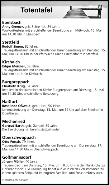 Anzeige von Totentafel vom 15.05.2018 von MGO