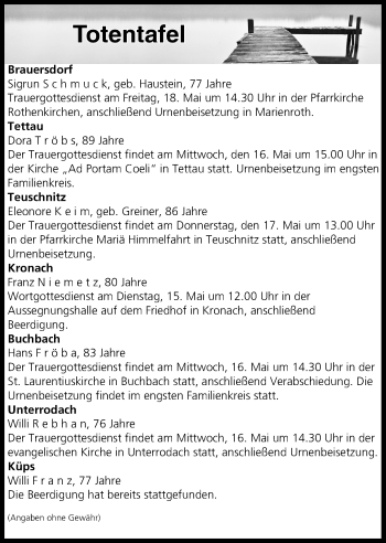 Anzeige von Totentafel vom 15.05.2018 von MGO