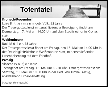Anzeige von Totentafel vom 17.05.2018 von MGO