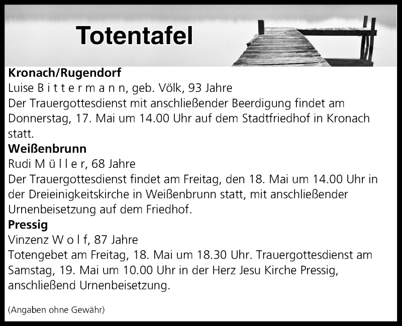  Traueranzeige für Totentafel vom 17.05.2018 vom 17.05.2018 aus MGO
