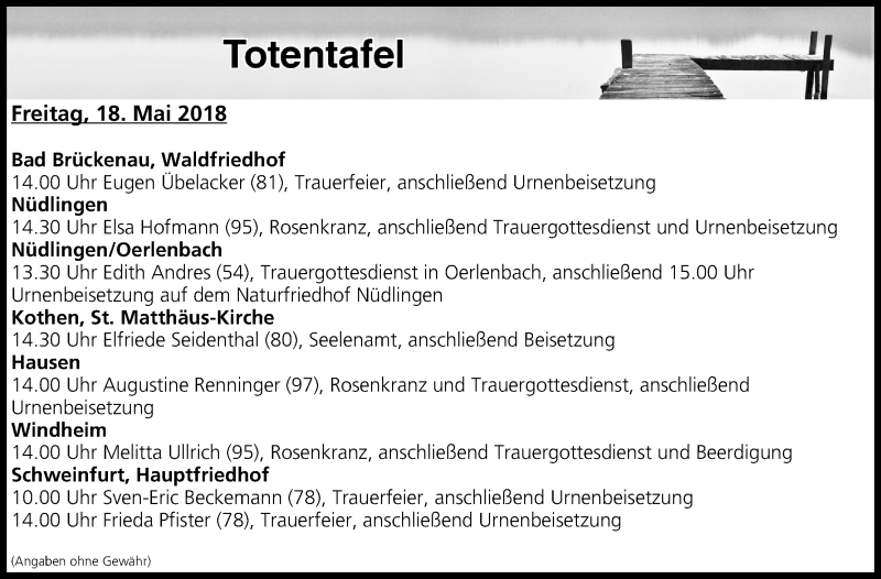  Traueranzeige für Totentafel vom 18.05.2018 vom 18.05.2018 aus MGO