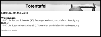 Anzeige von Totentafel vom 19.05.2018 von MGO