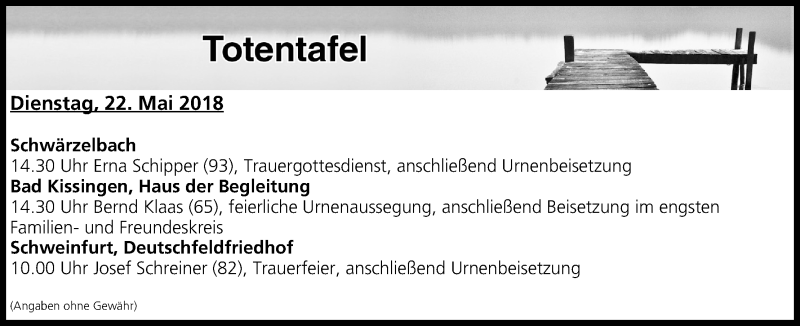  Traueranzeige für Totentafel vom 22.05.2018 vom 22.05.2018 aus MGO