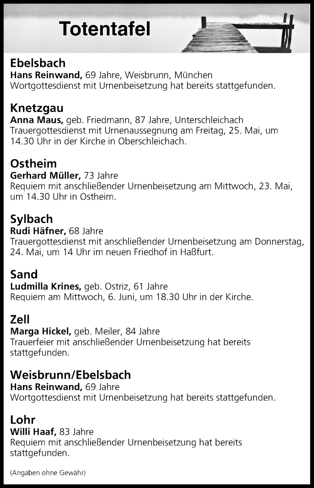  Traueranzeige für Totentafel vom 23.05.2018 vom 23.05.2018 aus MGO