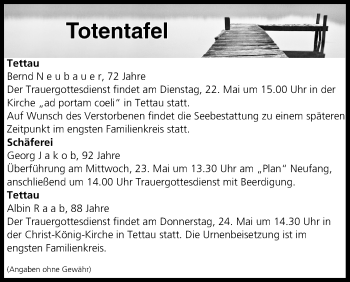 Anzeige von Totentafel vom 23.05.2018 von MGO