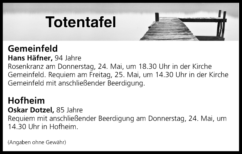  Traueranzeige für Totentafel vom 24.05.2018 vom 24.05.2018 aus MGO