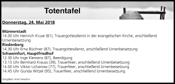 Anzeige von Totentafel vom 24.05.2018 von MGO